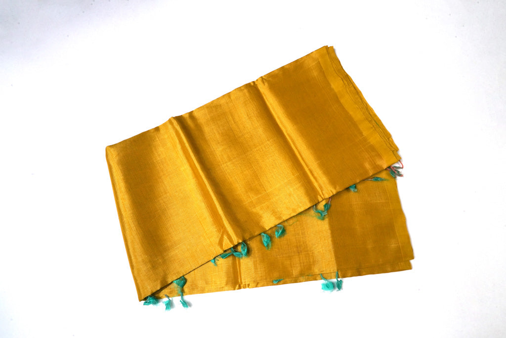 Golden Yellow Mangalagiri Cotton Saree with Contrast Teal Pallu