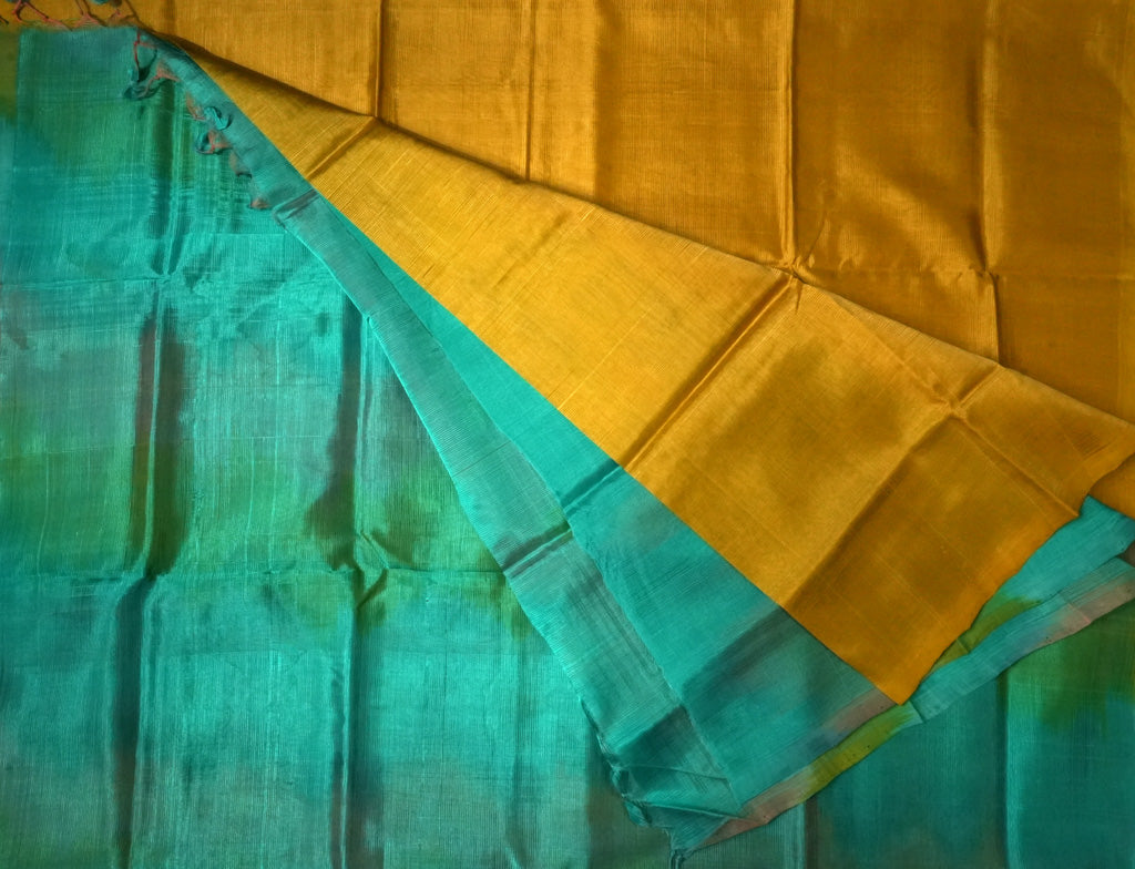 Golden Yellow Mangalagiri Cotton Saree with Contrast Teal Pallu