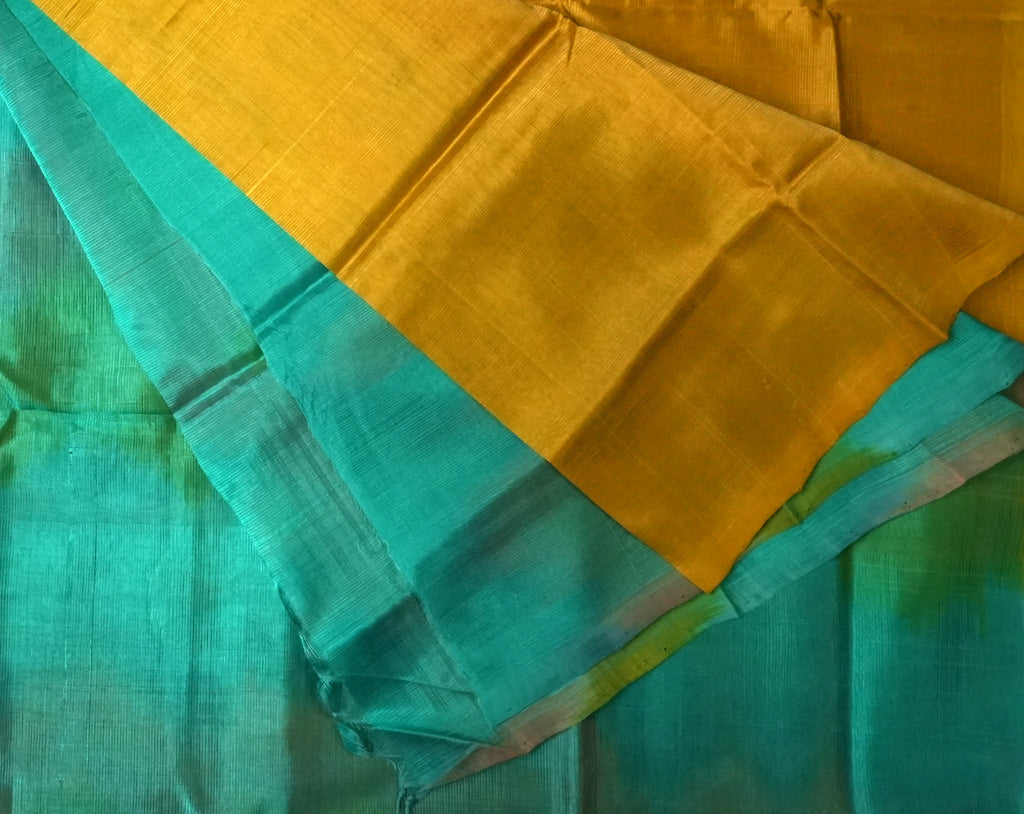 Golden Yellow Mangalagiri Cotton Saree with Contrast Teal Pallu