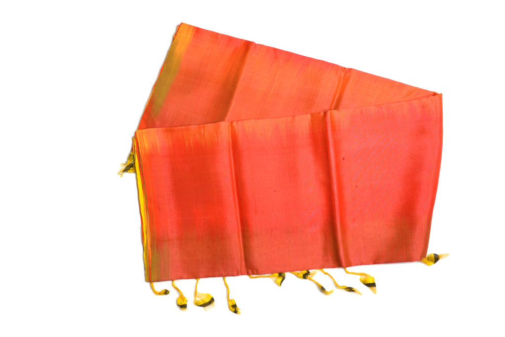 Coral Orange Ikat Mangalagiri Pattu Saree with Golden Yellow Pallu