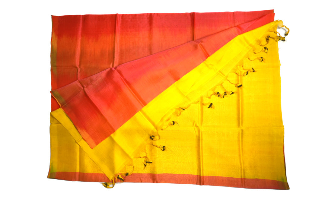 Coral Orange Ikat Mangalagiri Pattu Saree with Golden Yellow Pallu