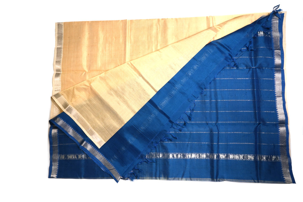 Cream Gold Mangalagiri Pattu Saree with Royal Blue Zari Pallu