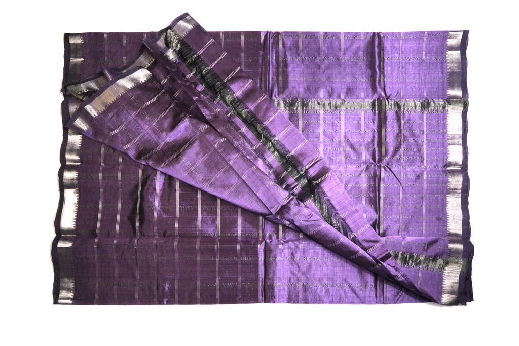 Royal Purple Mangalagiri Pattu Saree with Silver Zari Stripes