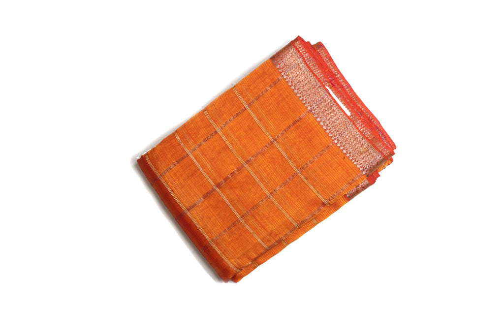 Bright Orange Mangalagiri Pattu Saree with Copper Zari Checks