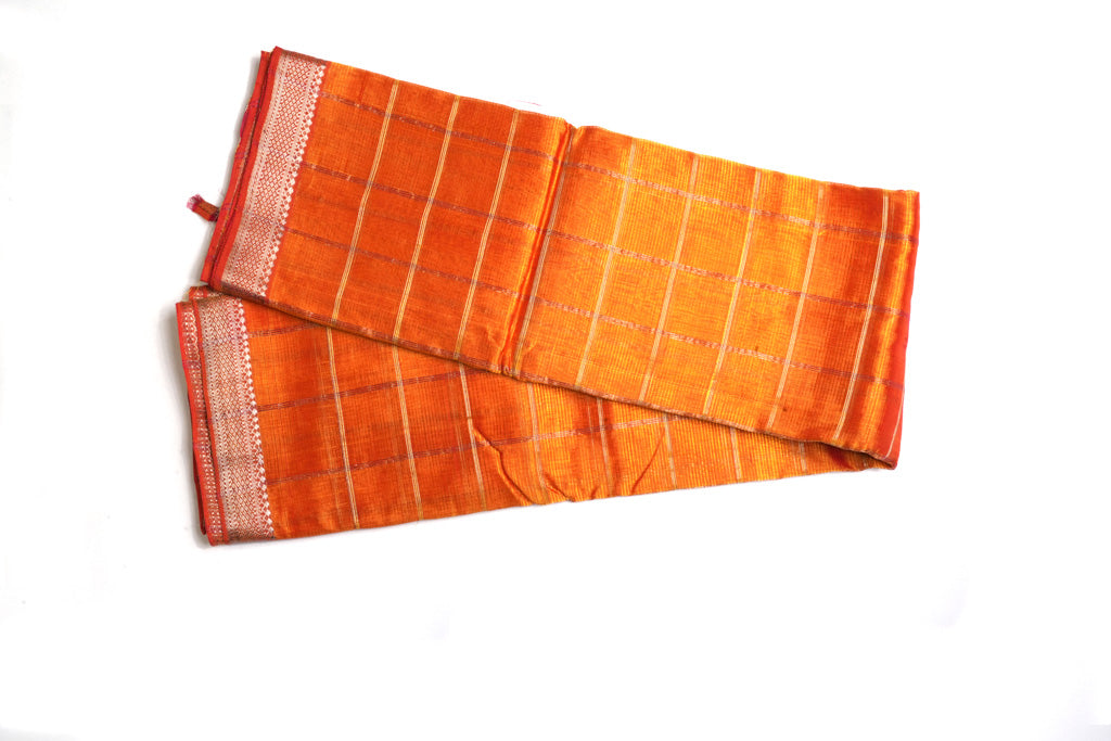 Bright Orange Mangalagiri Pattu Saree with Copper Zari Checks