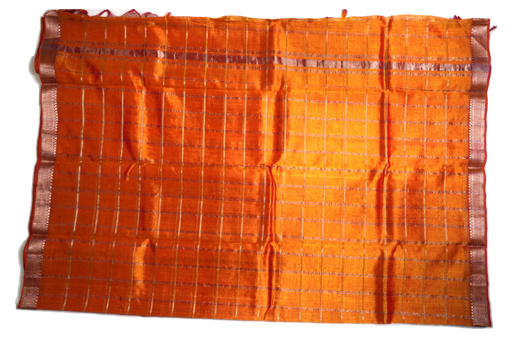 Bright Orange Mangalagiri Pattu Saree with Copper Zari Checks