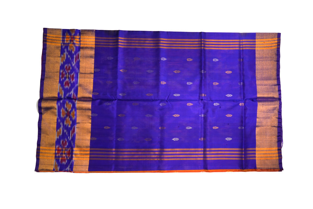 Orange Uppada Pattu Saree with Royal Blue Pallu & Ikat Border
