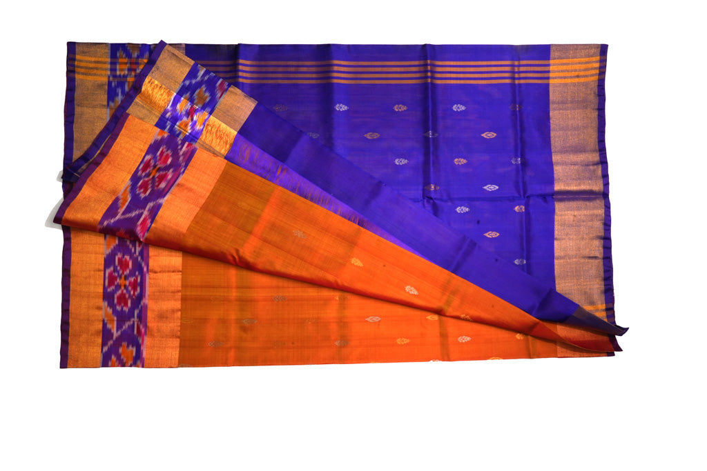 Orange Uppada Pattu Saree with Royal Blue Pallu & Ikat Border