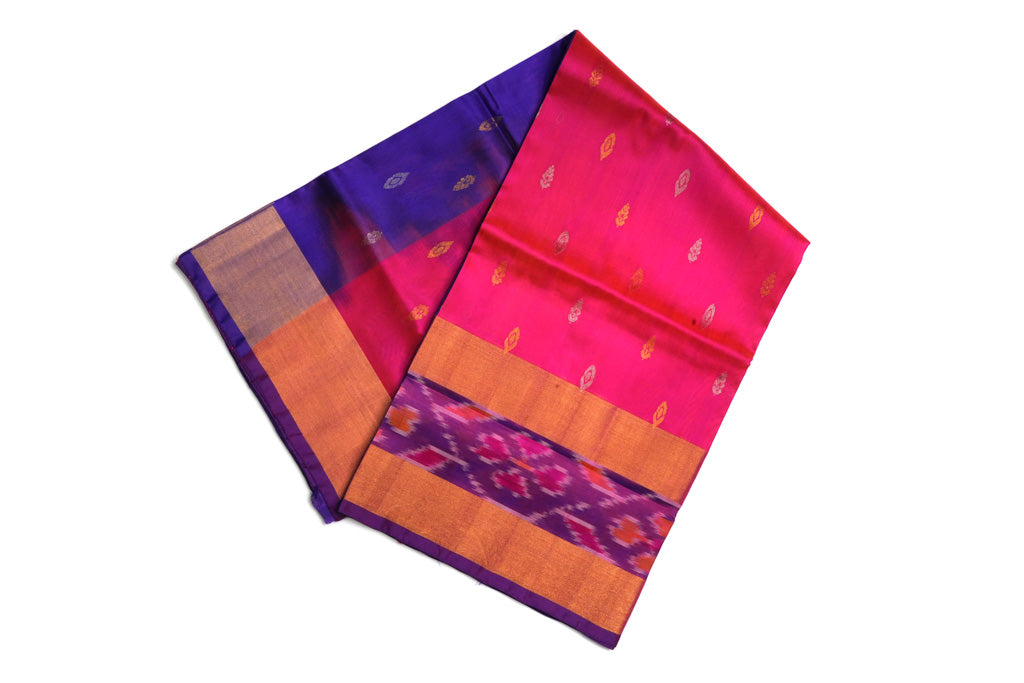 Rani Pink Uppada Pattu Saree with Royal Blue Pallu & Ikat Border