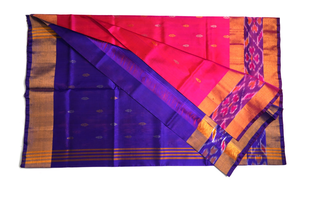Rani Pink Uppada Pattu Saree with Royal Blue Pallu & Ikat Border
