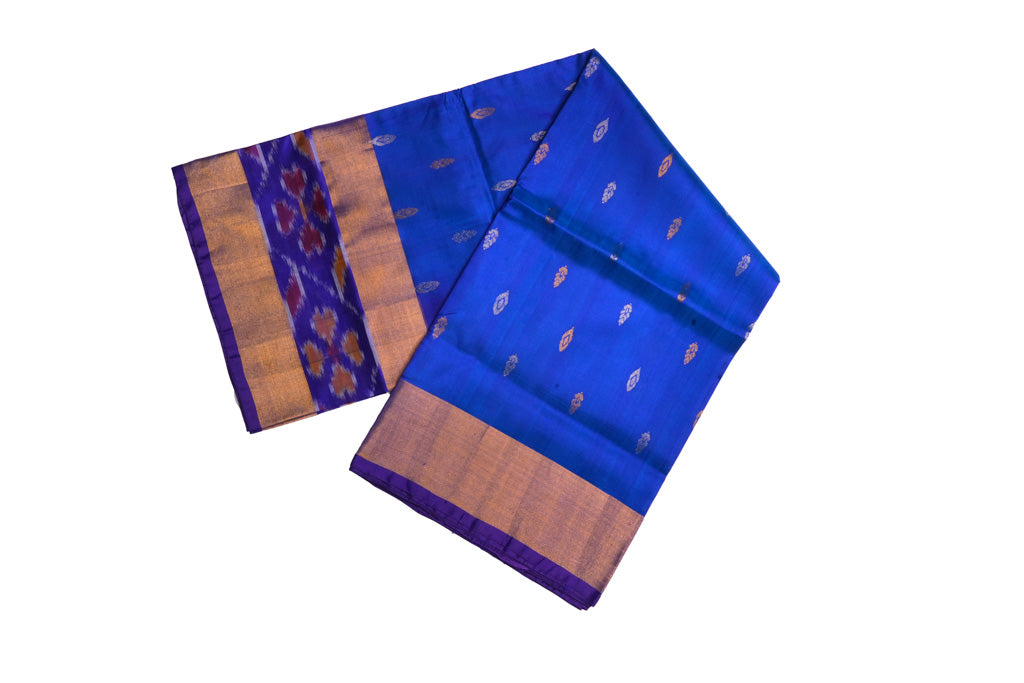 Royal Blue Uppada Pattu Saree with Gold Zari Buttas & Ikat Border