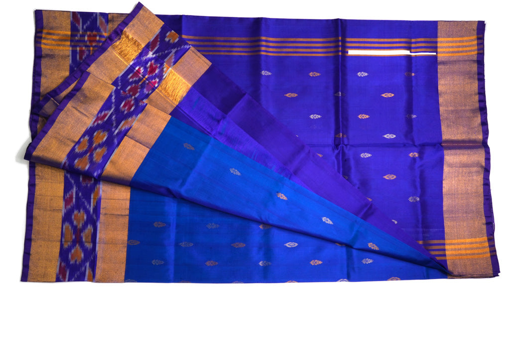 Royal Blue Uppada Pattu Saree with Gold Zari Buttas & Ikat Border