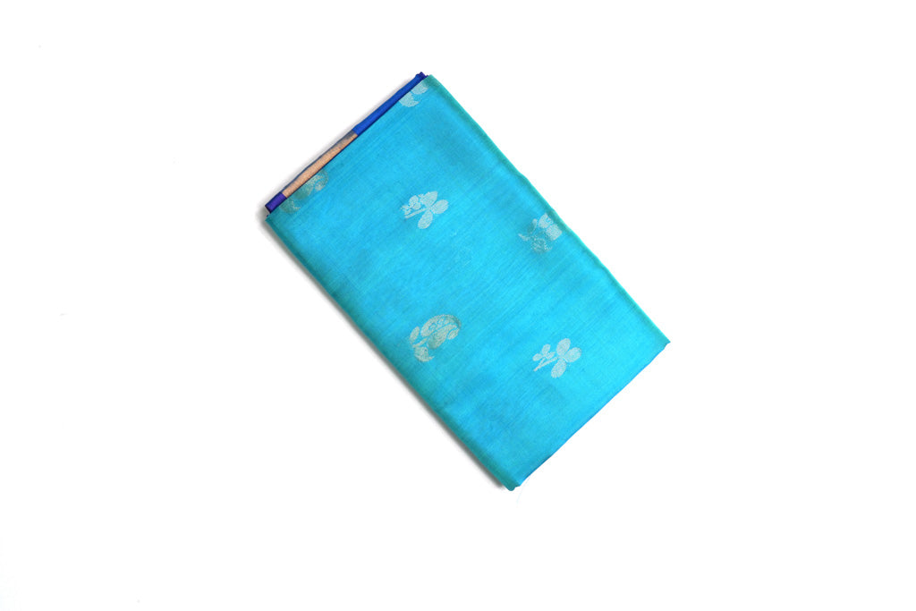 Sky Blue Uppada Pattu Saree with Royal Blue Border & Gold Zari Buttas