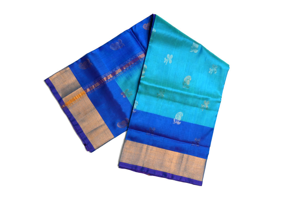 Sky Blue Uppada Pattu Saree with Royal Blue Border & Gold Zari Buttas
