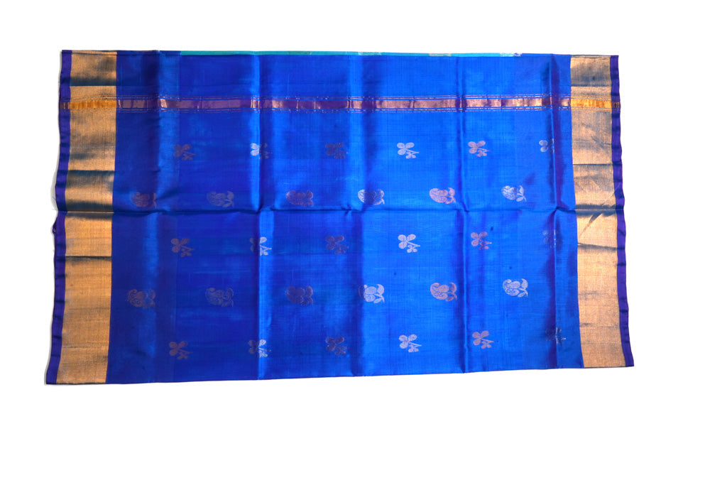 Sky Blue Uppada Pattu Saree with Royal Blue Border & Gold Zari Buttas