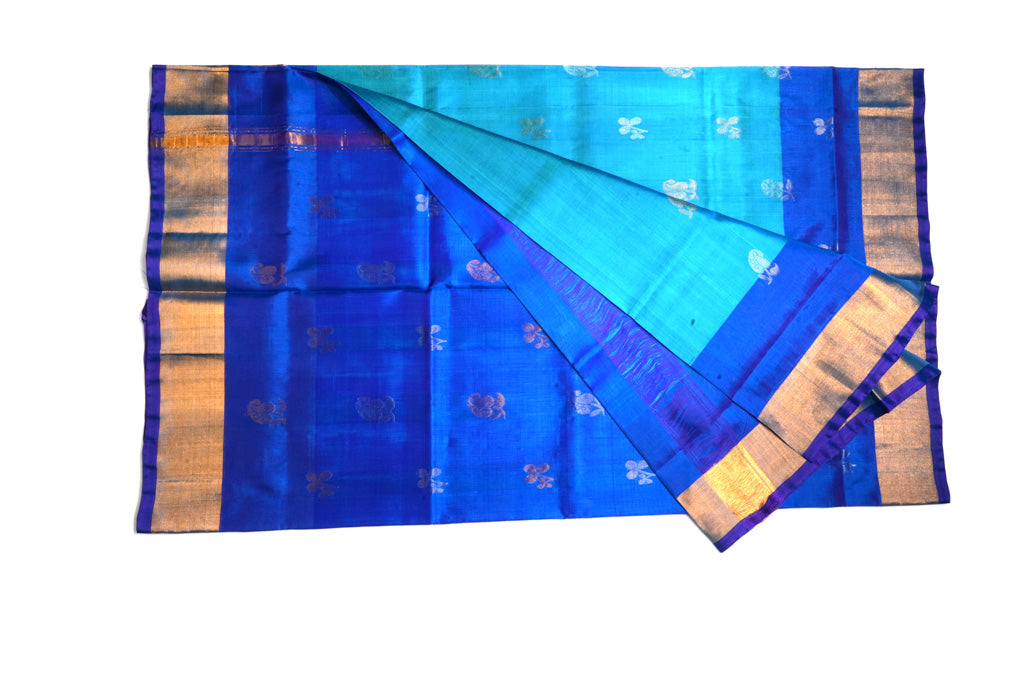 Sky Blue Uppada Pattu Saree with Royal Blue Border & Gold Zari Buttas