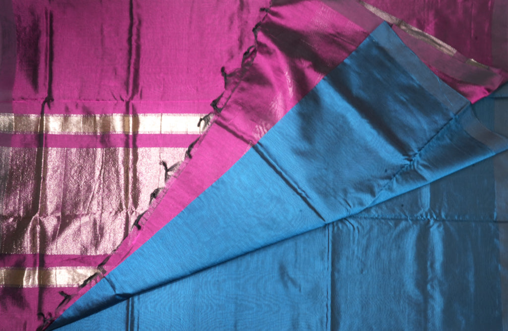 Teal Blue Mangalagiri Cotton Saree with Magenta Zari Border