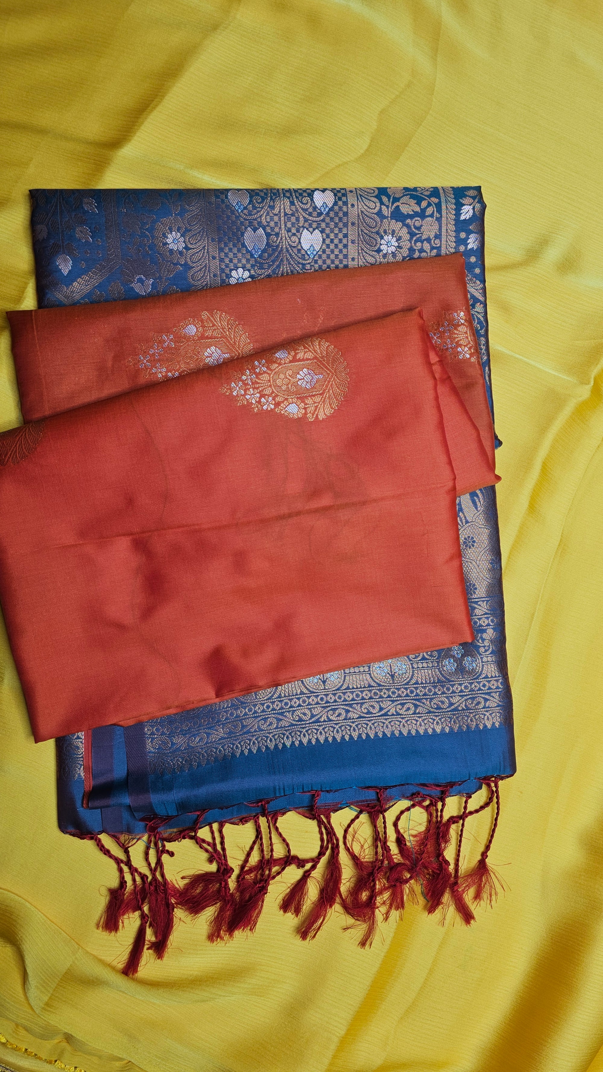 Elegant Blue & Rust Semi-Silk Saree with Golden Zari Border and Pallu