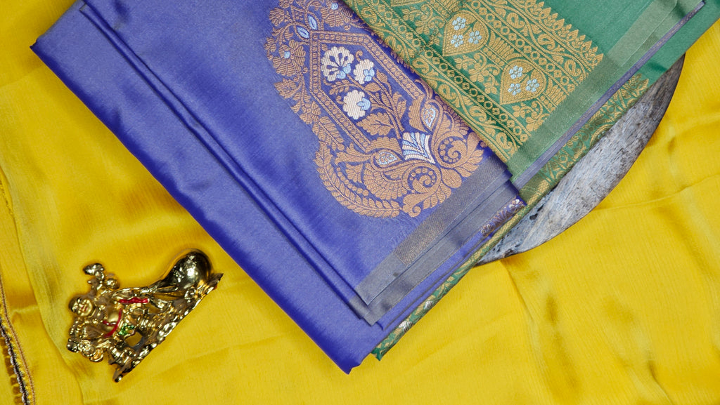 Royal Blue & Green Semi-Silk Saree with Golden Zari Tassels and Contrast Blouse