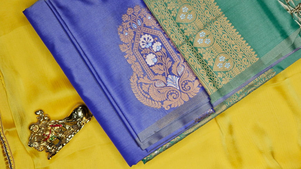 Royal Blue & Green Semi-Silk Saree with Golden Zari Tassels and Contrast Blouse