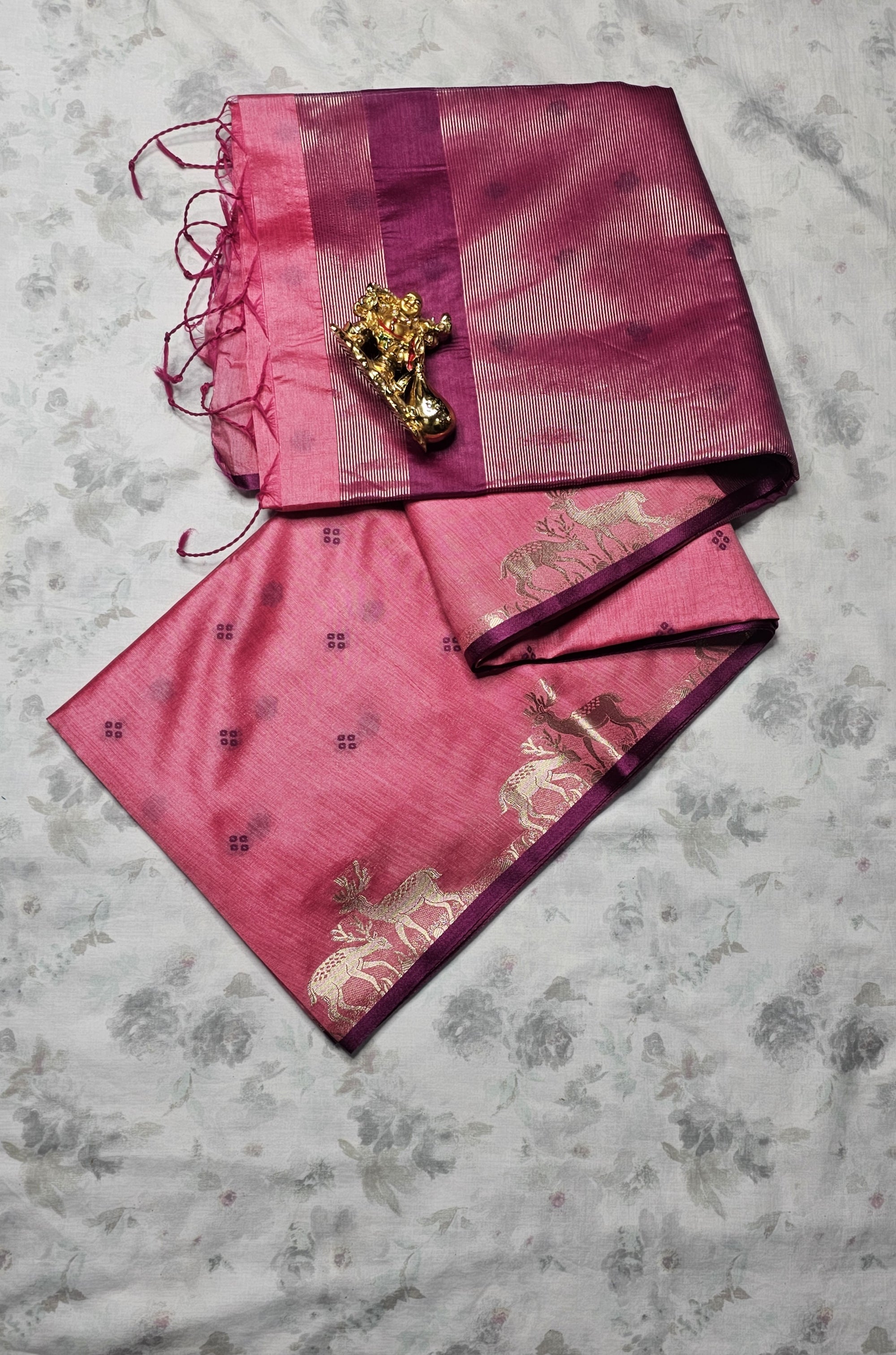 Handwoven Pink Silk Saree with Golden Deer Motif & Contrast Pallu