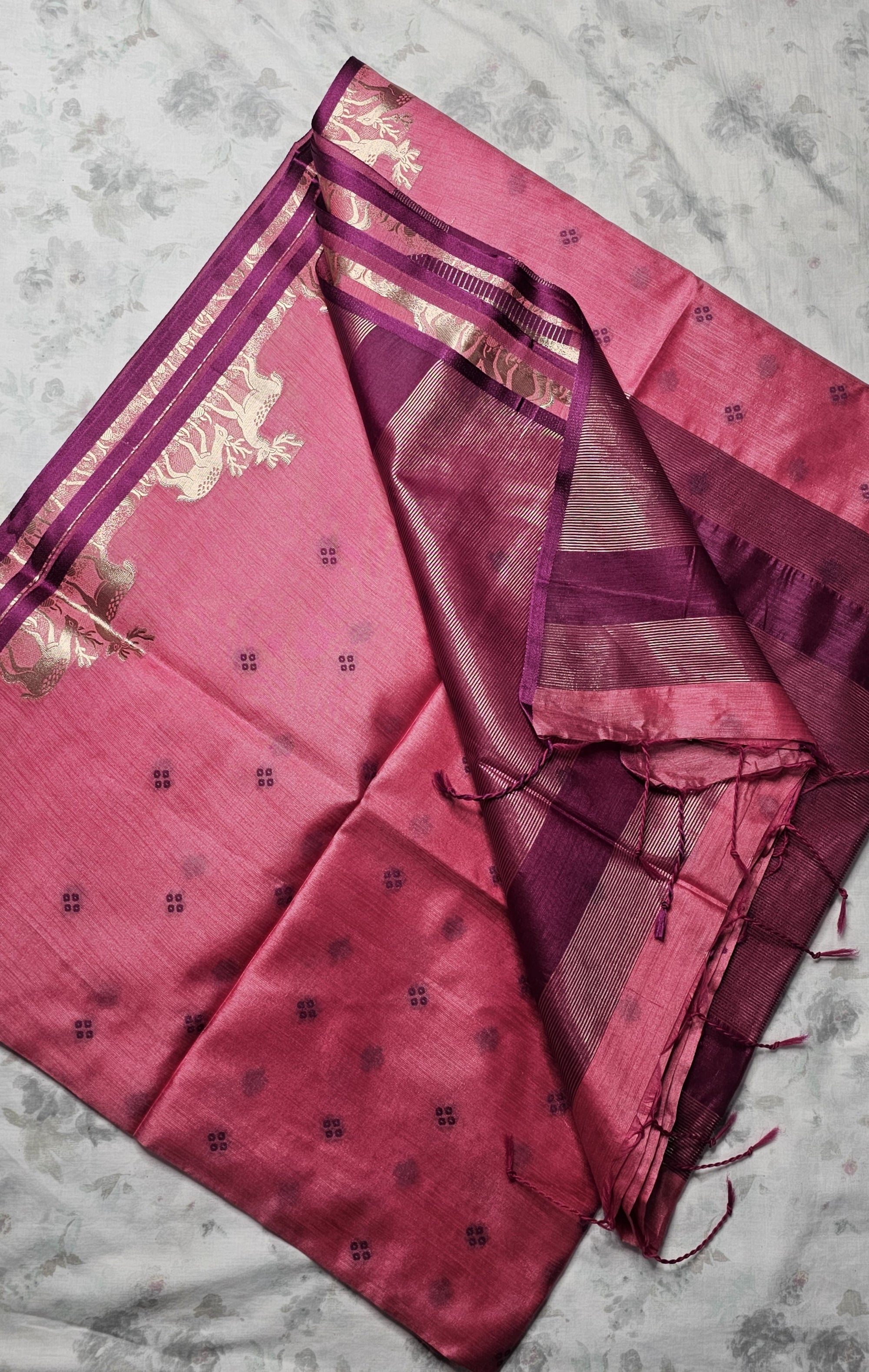 Handwoven Pink Silk Saree with Golden Deer Motif & Contrast Pallu