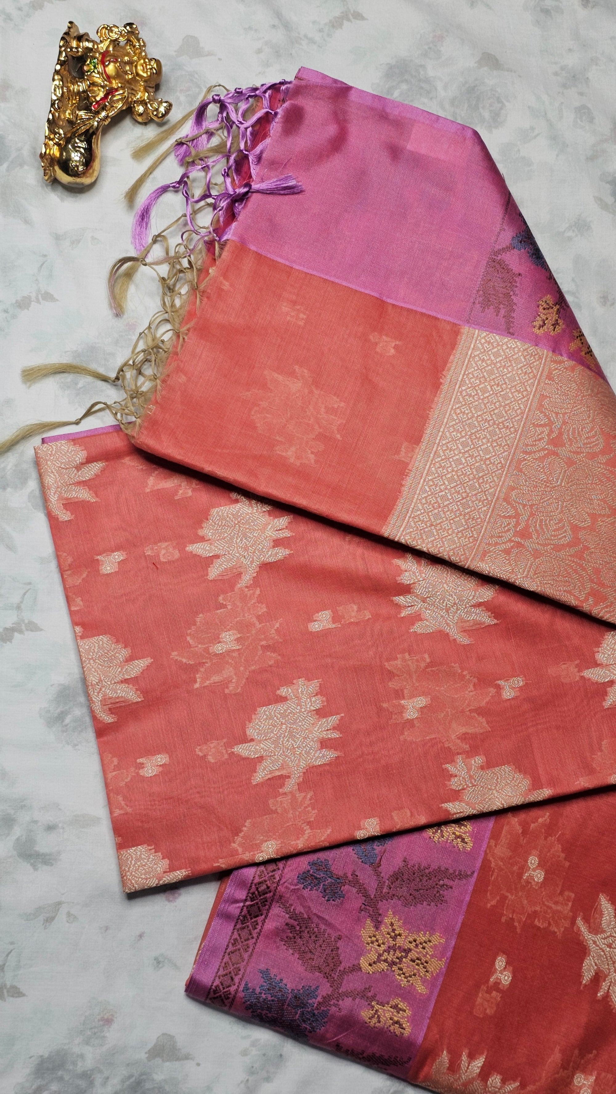 Peach Pink Silk Saree with Floral Zari Weave & Contrast Purple Pallu