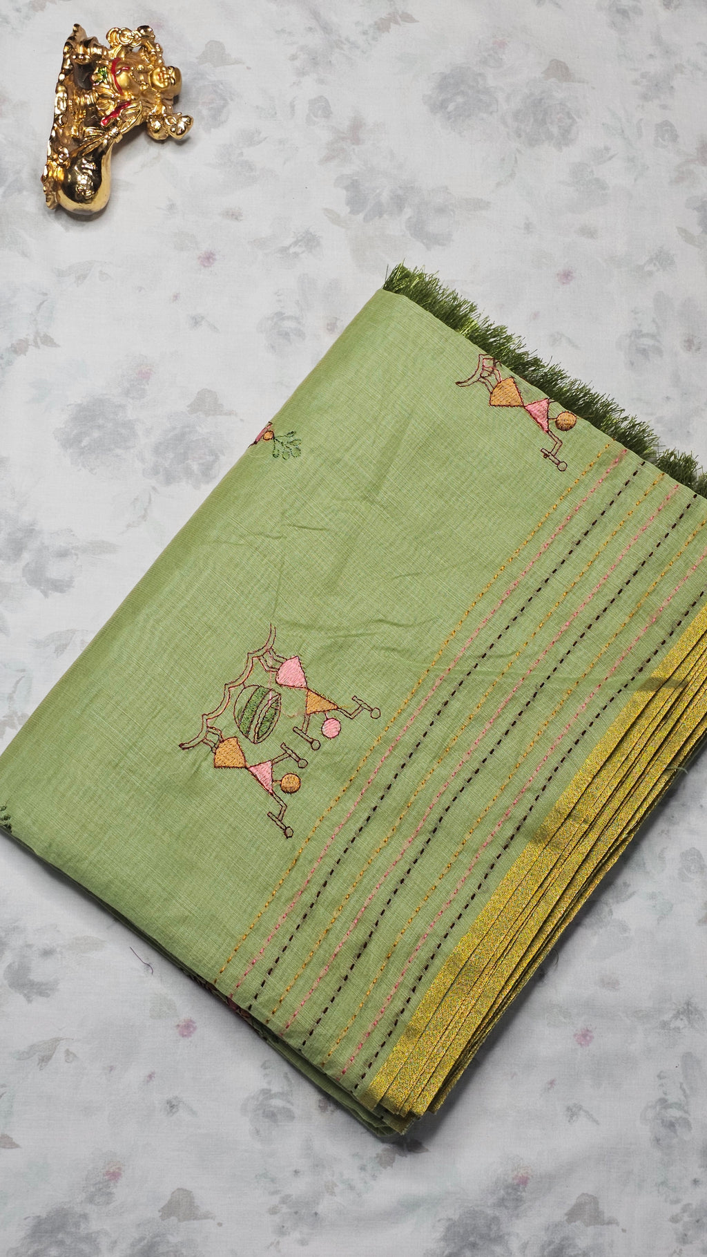 Light Green Handloom Cotton Saree with Tribal Embroidery & Tassel Border