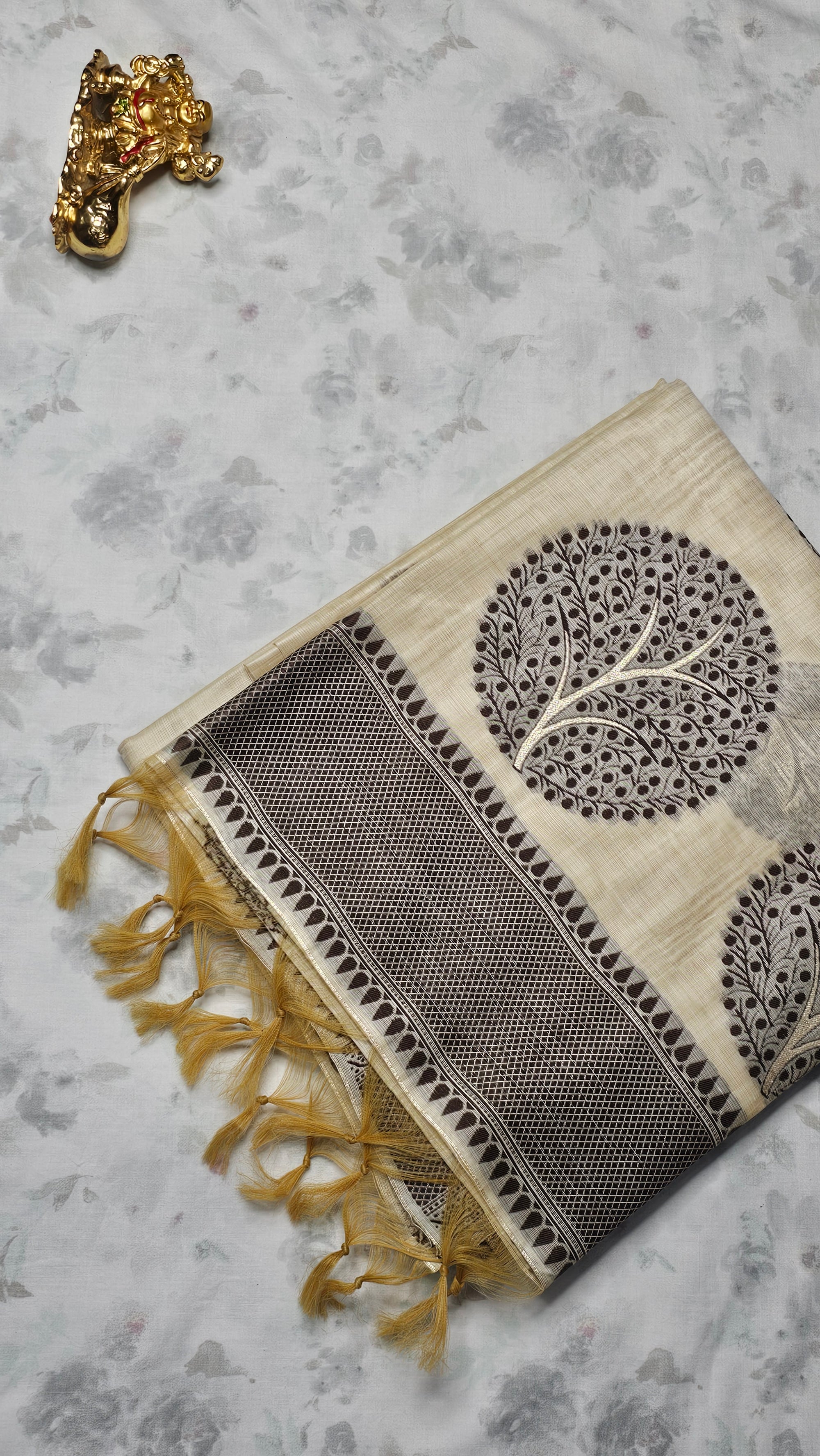 Cream & Black Handloom Cotton Saree with Tree Motifs & Tassel Border