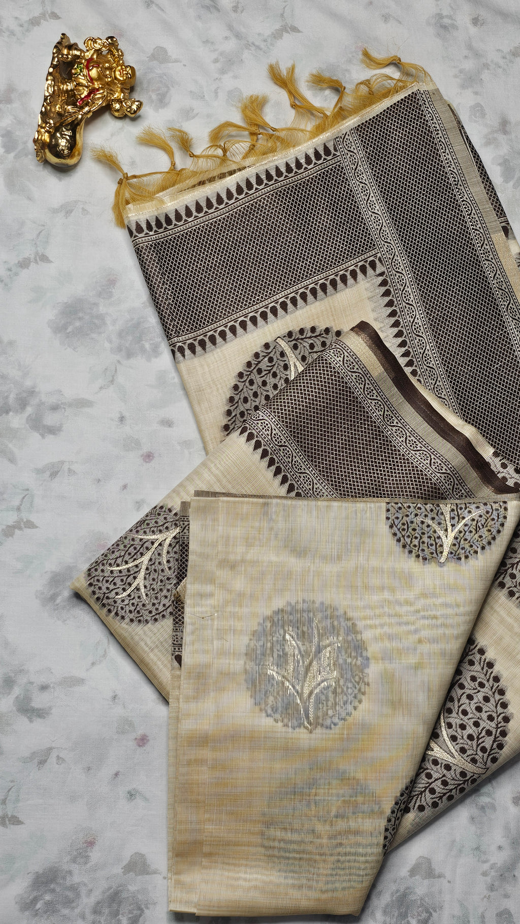 Cream & Black Handloom Cotton Saree with Tree Motifs & Tassel Border