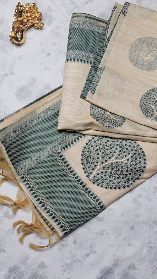 Cream & Green Handloom Cotton Saree with Tree Motifs & Geometric Border