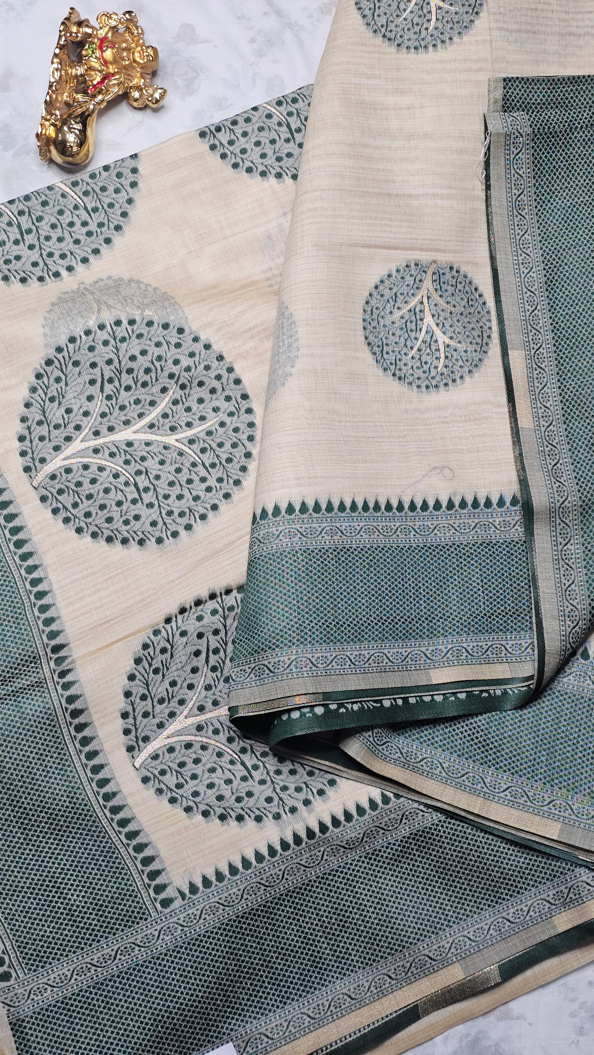 Cream & Green Handloom Cotton Saree with Tree Motifs & Geometric Border