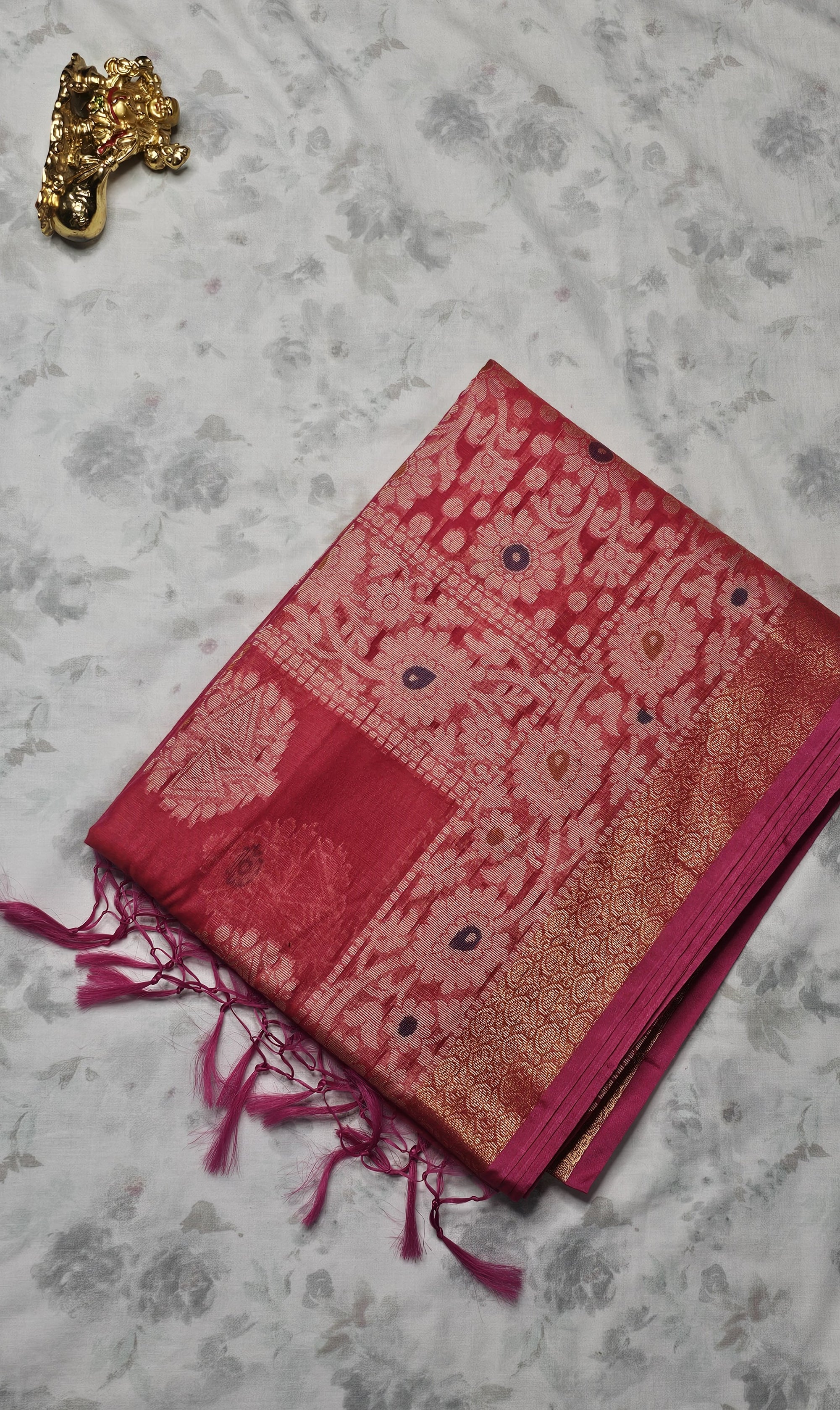 Red Silk Saree with Intricate Golden Zari Border & Floral Weave