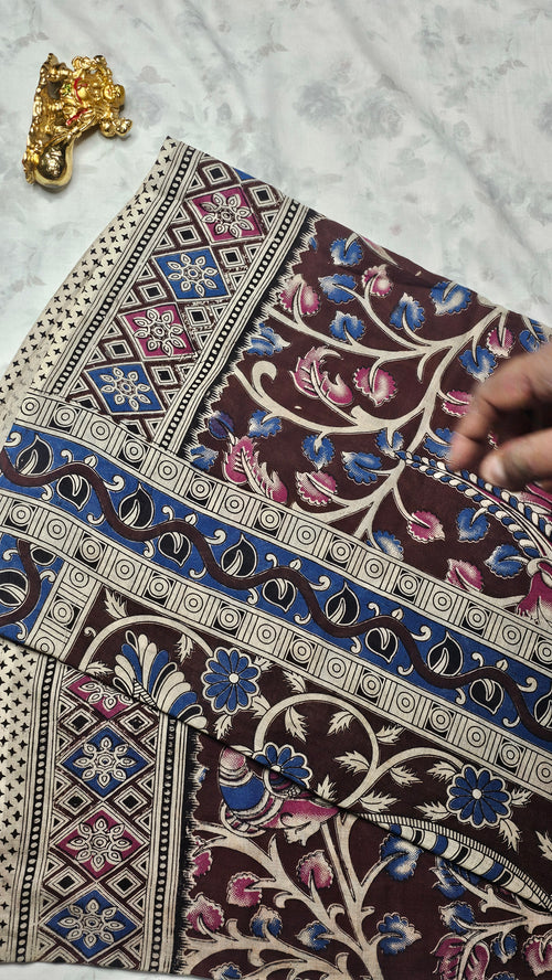 Brown Cotton Saree with Hand Block Print & Floral-Geometric Design