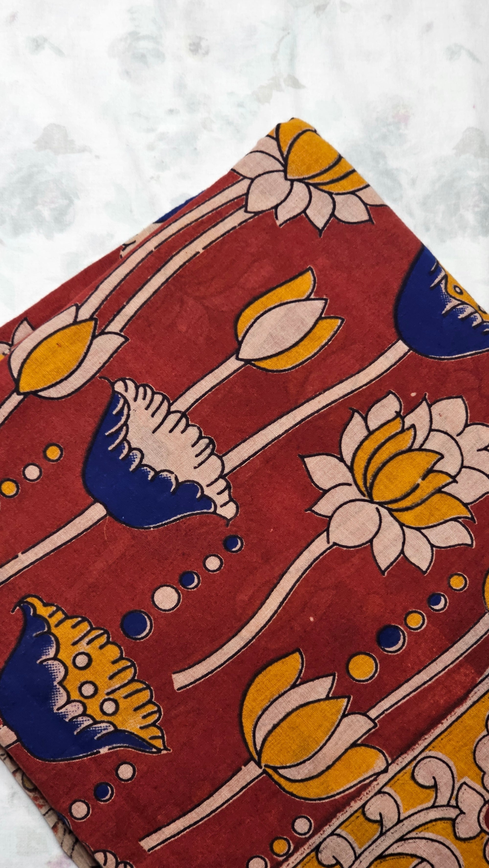 Red Cotton Saree with Lotus Block Print & Multicolor Border