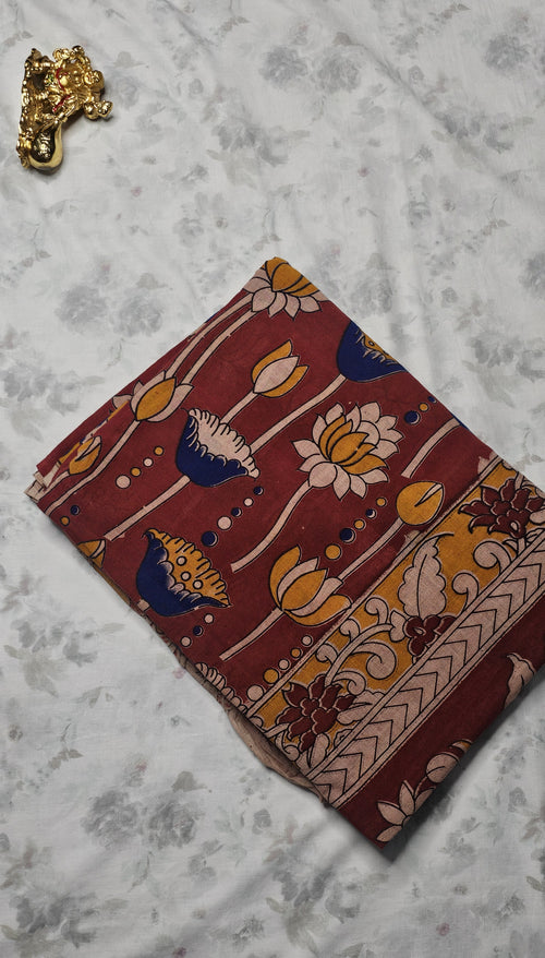 Red Cotton Saree with Lotus Block Print & Multicolor Border