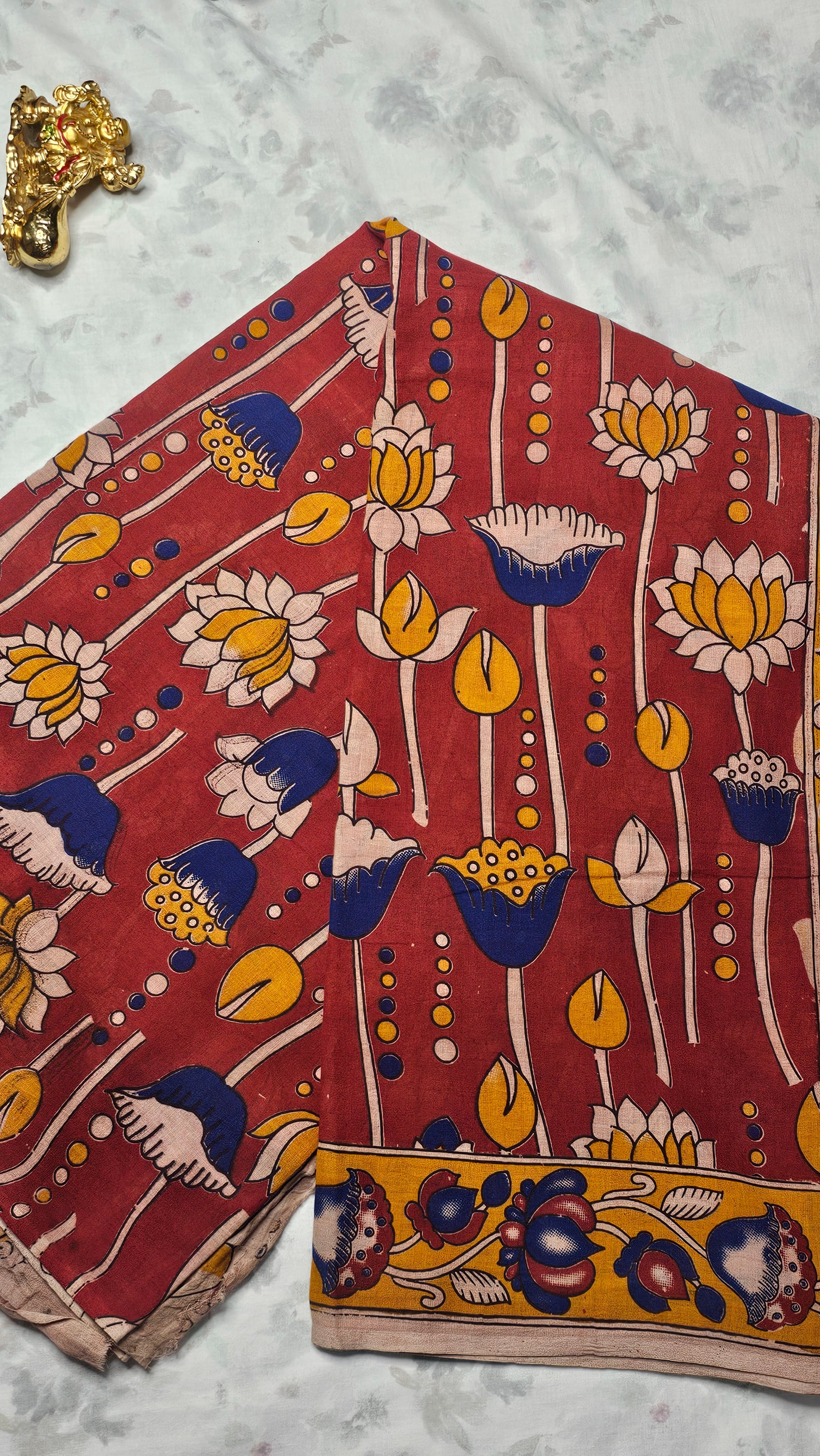 Red Cotton Saree with Lotus Block Print & Multicolor Border