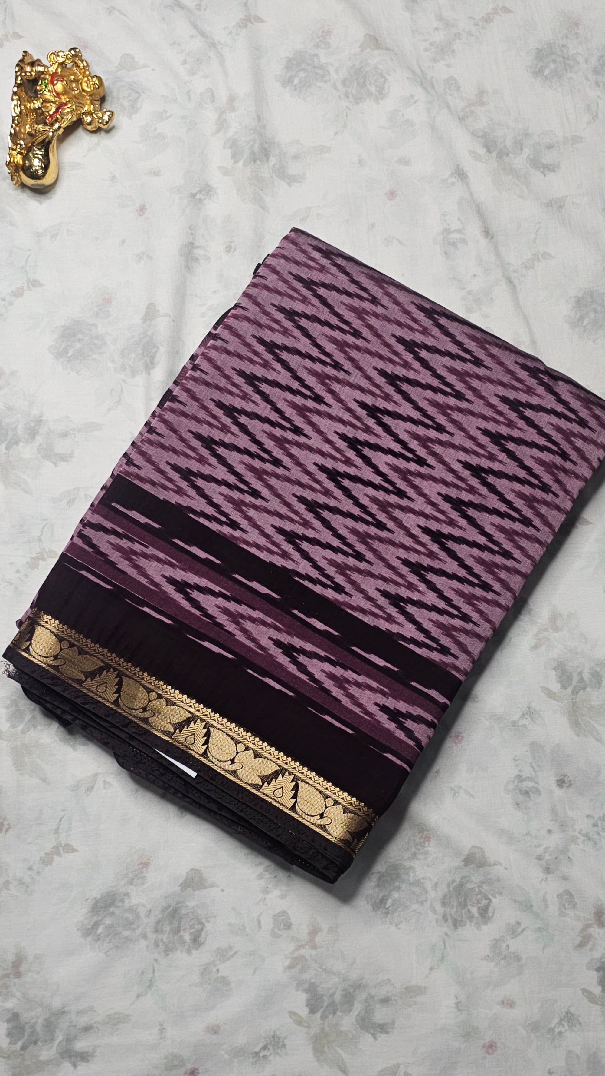 Purple Ikat Cotton Saree with Golden Zari Border