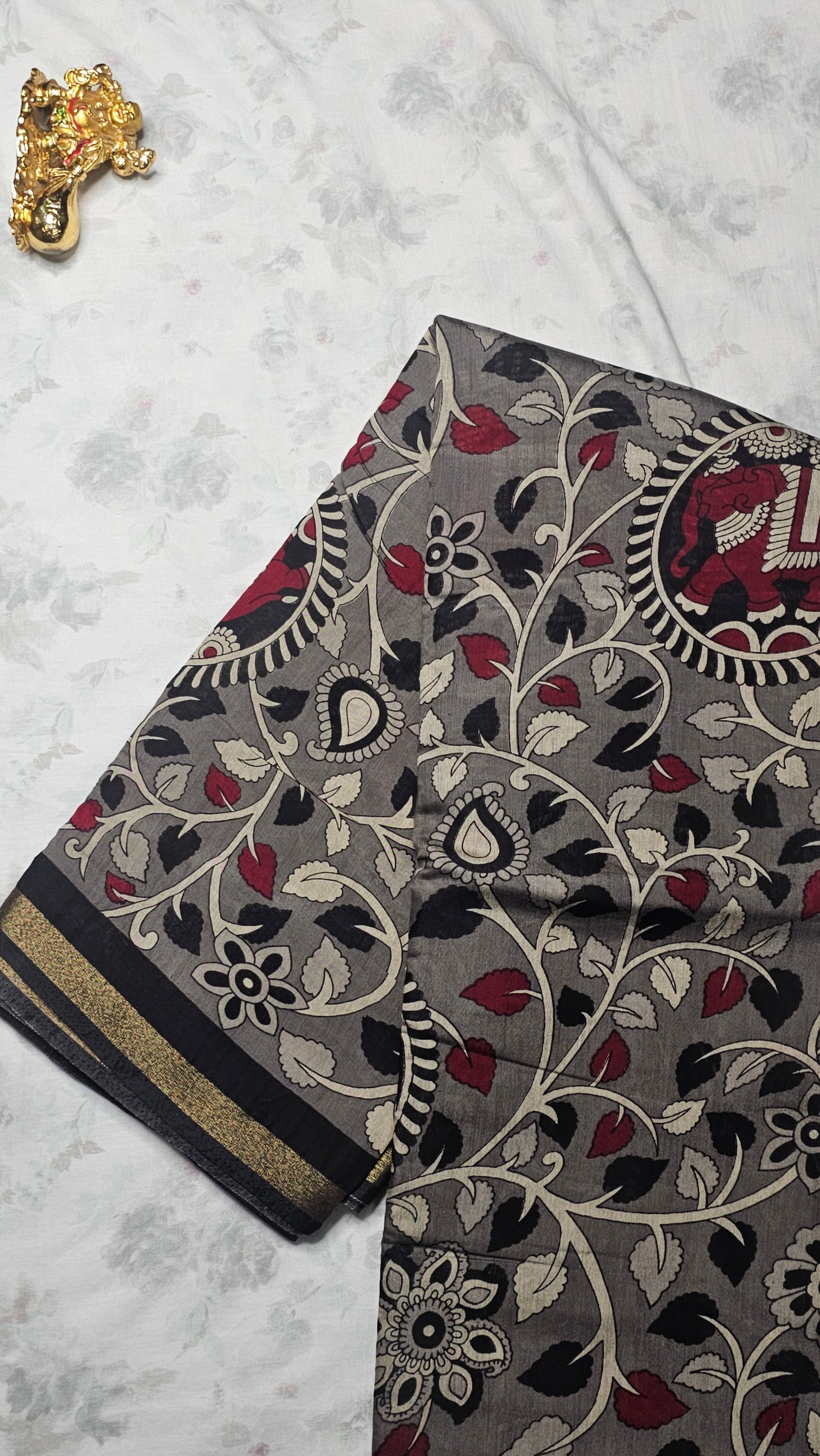 Grey Cotton Saree with Elephant Motifs, Floral Prints & Golden Border