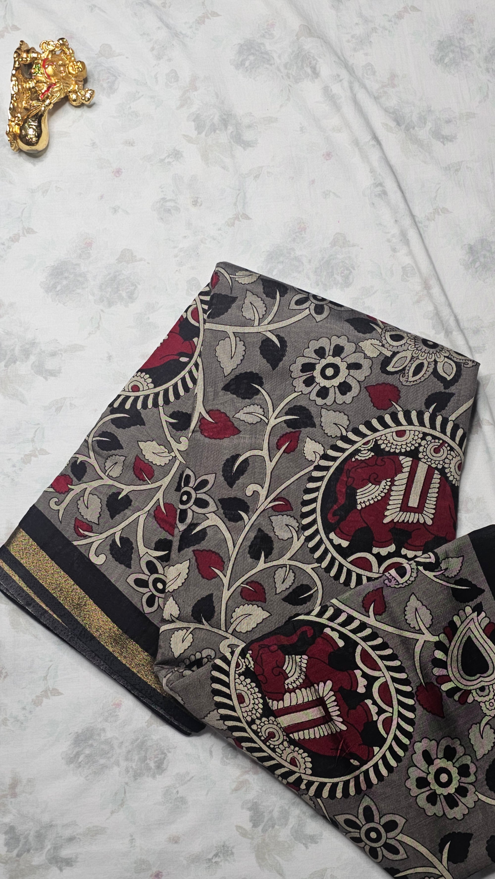 Grey Cotton Saree with Elephant Motifs, Floral Prints & Golden Border