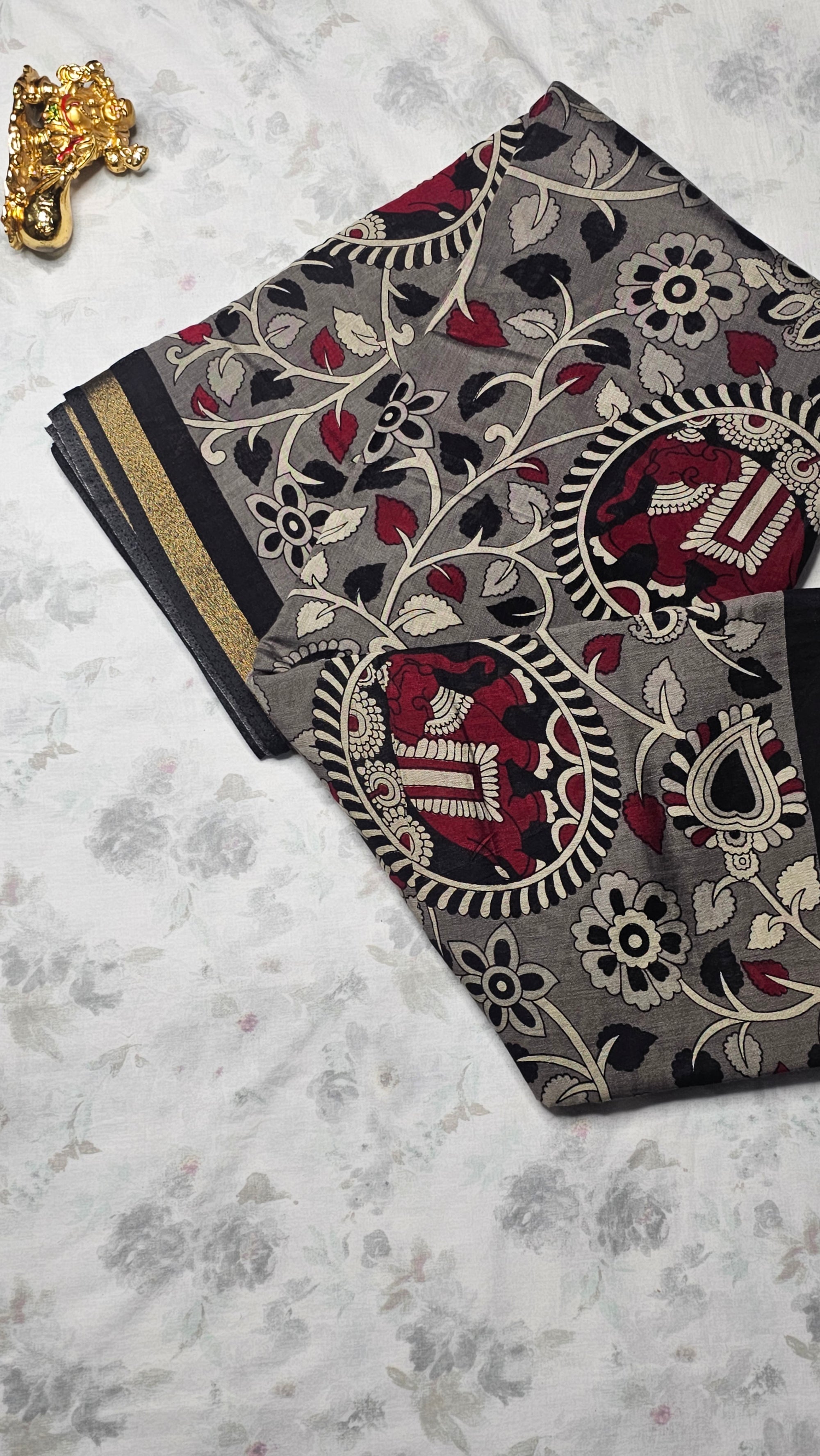 Grey Cotton Saree with Elephant Motifs, Floral Prints & Golden Border