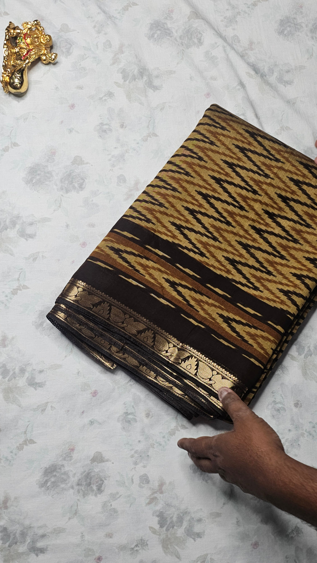 Mustard Brown Ikat Cotton Saree with Golden Zari Border