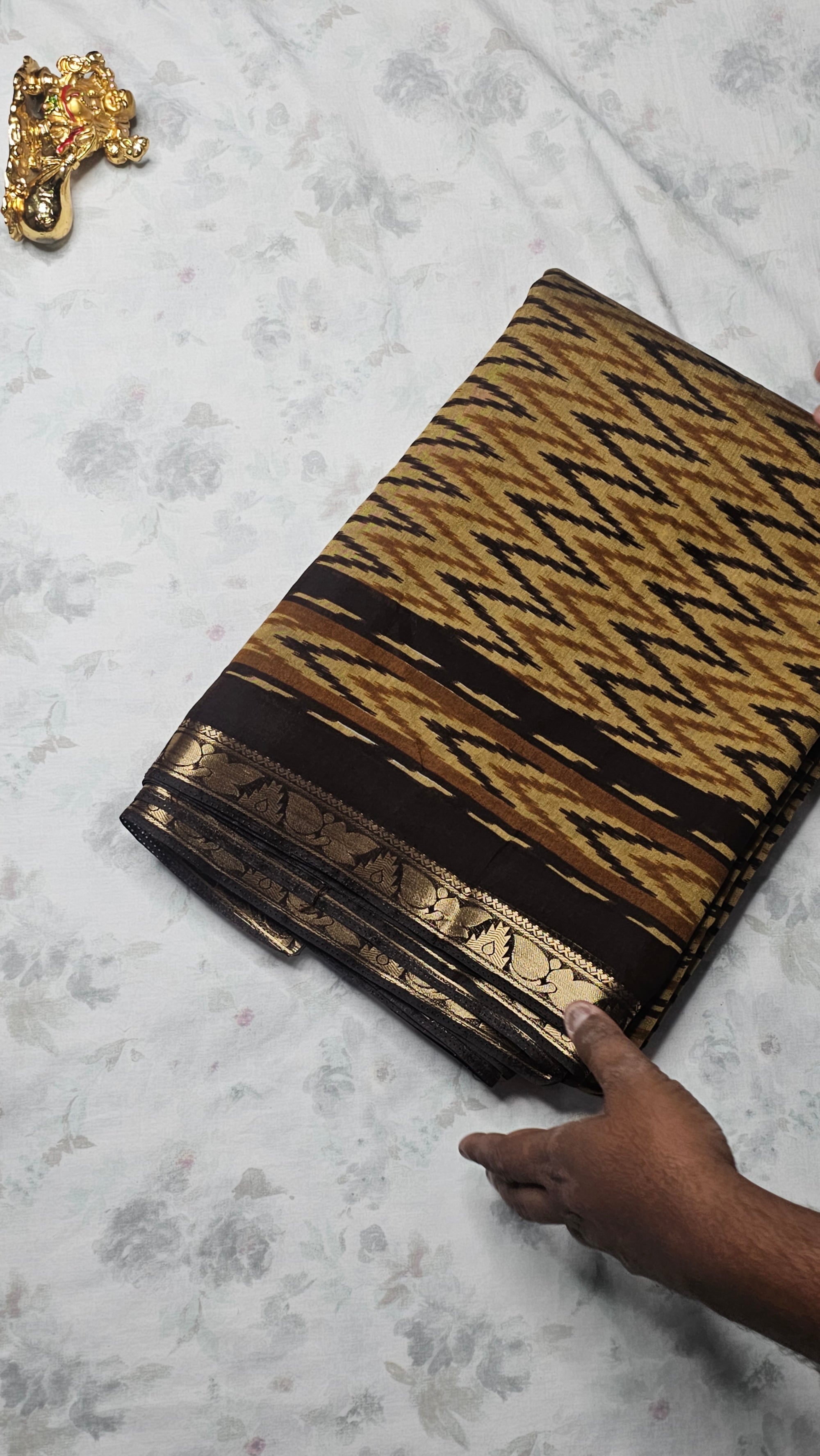 Mustard Brown Ikat Cotton Saree with Golden Zari Border