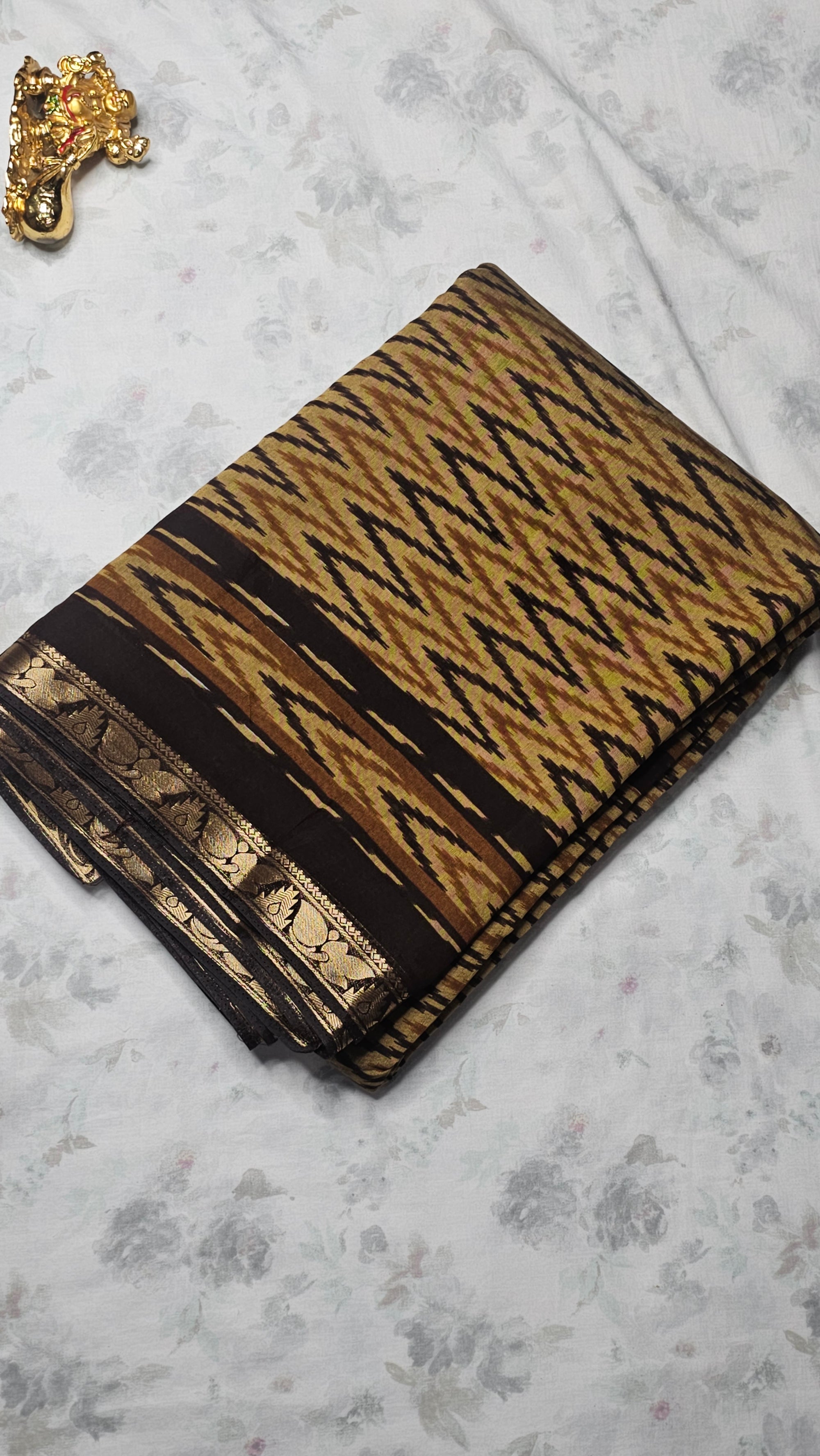 Mustard Brown Ikat Cotton Saree with Golden Zari Border