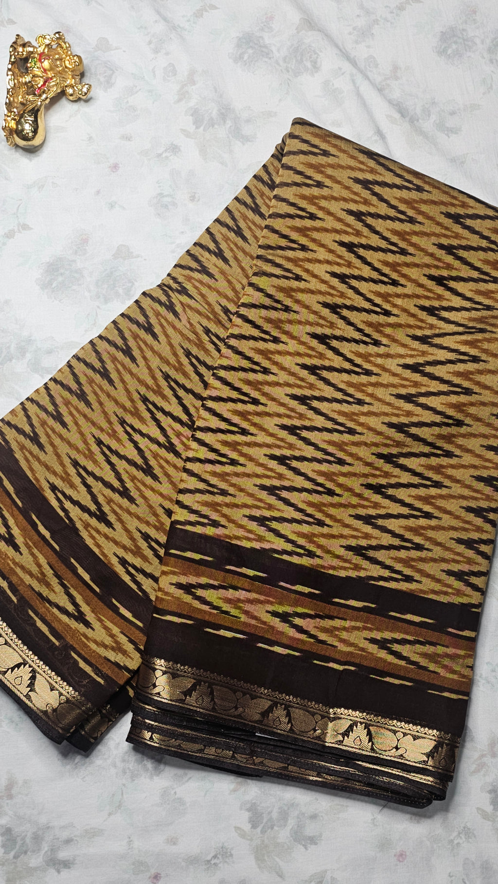 Mustard Brown Ikat Cotton Saree with Golden Zari Border