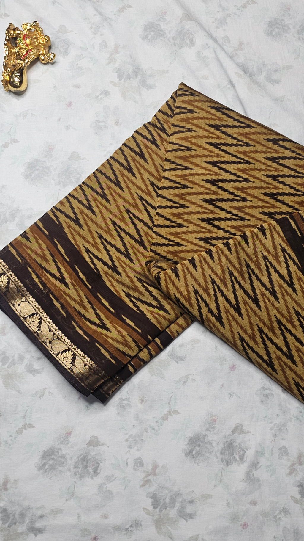 Mustard Brown Ikat Cotton Saree with Golden Zari Border