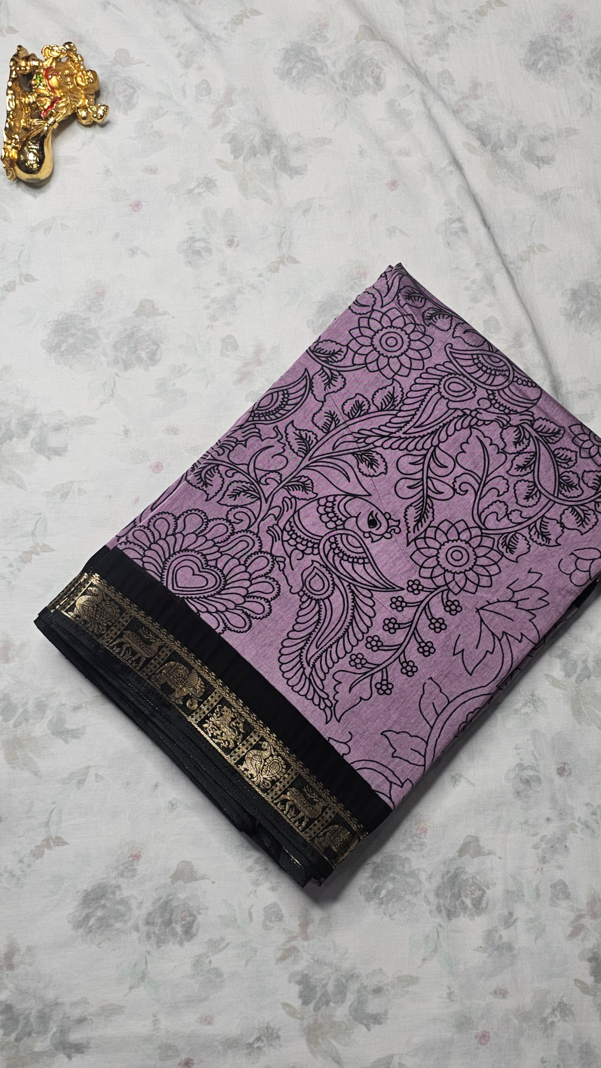 Lavender Cotton Saree with Peacock & Floral Print and Black Zari Border