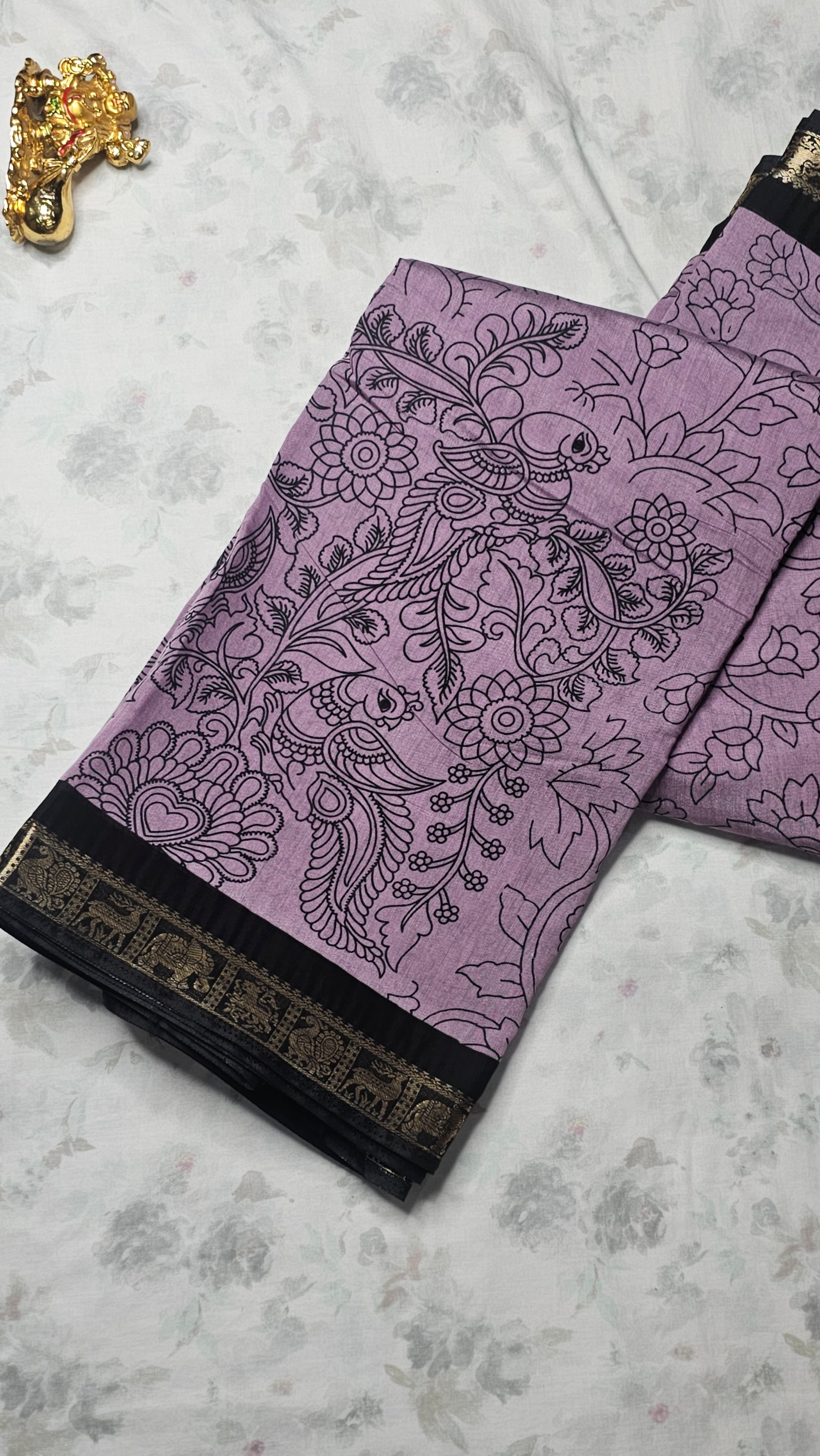 Lavender Cotton Saree with Peacock & Floral Print and Black Zari Border