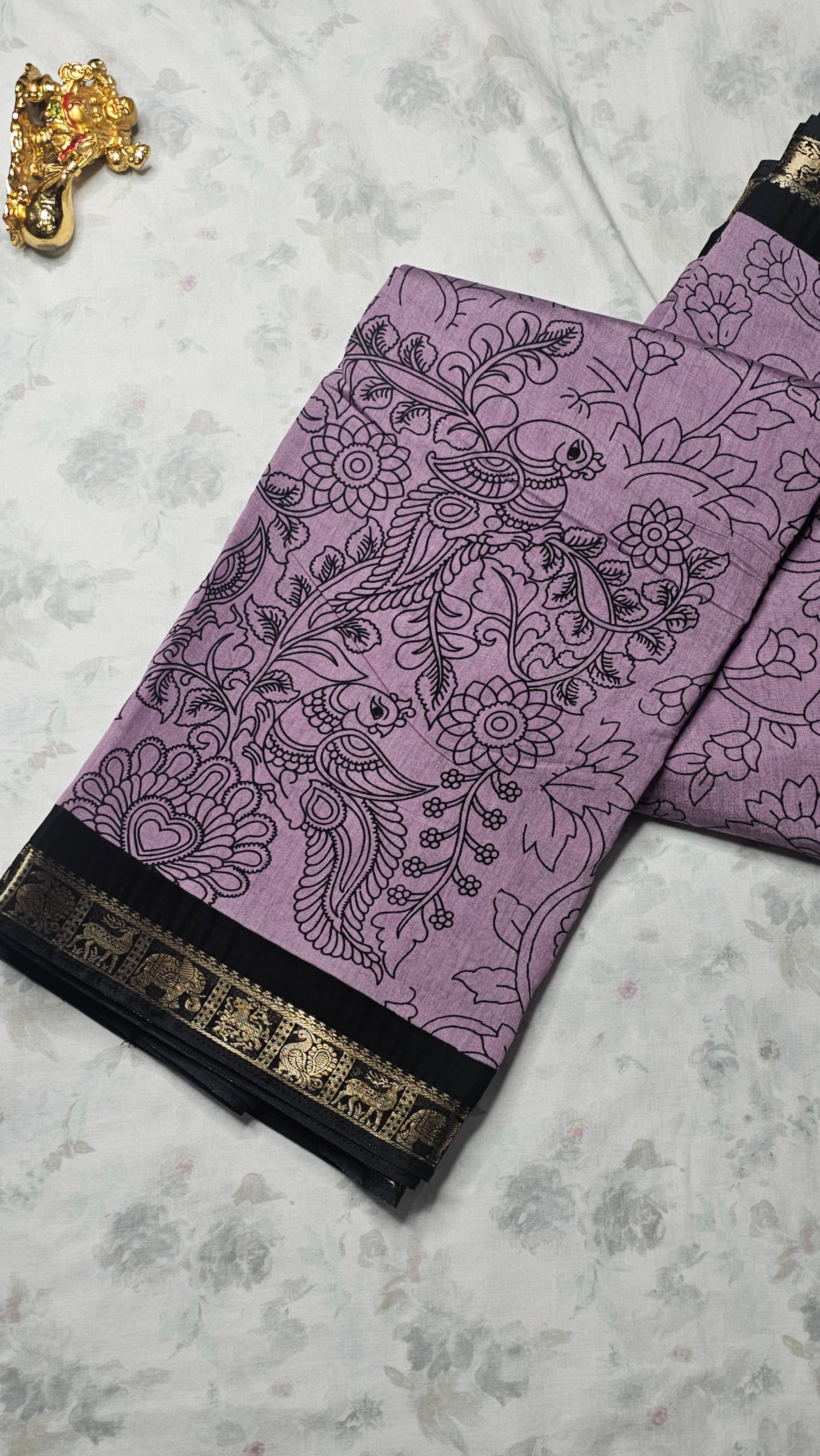 Lavender Cotton Saree with Peacock & Floral Print and Black Zari Border