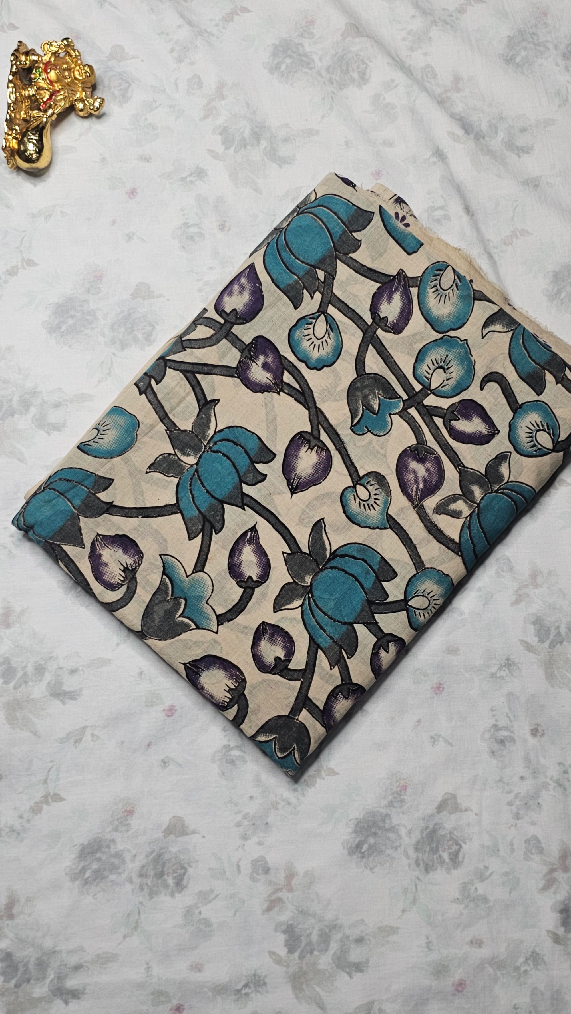 Cream Cotton Saree with Blue & Purple Lotus Print and Contrast Border